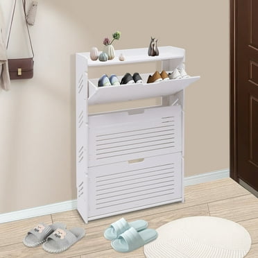 3-Layer Shoe Cabinet Tipping Door Entryway Ultra-Thin White Shoe Storage Organizer
