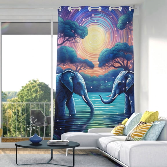 Elephants Lake Trees and Moon Blackout Curtain Panels Drapes Privacy Assured with Light Filtering Curtains for Living room Bedroom Bathroom Window