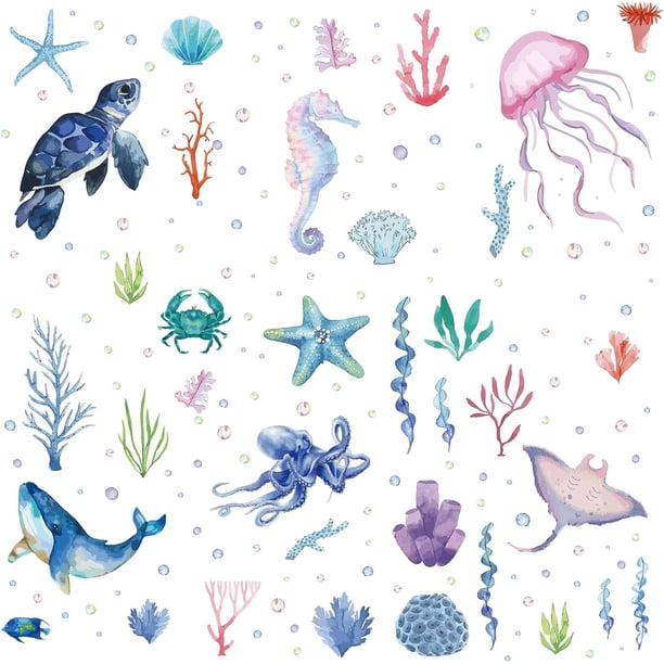 Pegatinas de pared de animales marinos de PVC, impermeables, autoadhesivas, tortugas, caballitos de mar, ballenas, conchas, medusas, rectangulares, 8 hojas, 8 estilos, extraíbles, para ventanas,