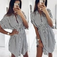 thumbnail image 2 of Henpk Summer Dresses for Women Striped T Shirt Dress Casual Midi Dress Short Sleeve Sundress with Pockets Fashion Drawstring Bandage Short Sleeve Stripe Print Lapel Shirt Dress Black XL, 2 of 9
