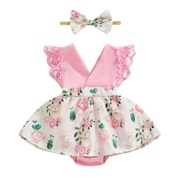 Bagilaanoe Newborn Easter Outfits Baby Girl Rompers Dress Floral Print Fly Sleeve Bodysuits Headband 3M 6M 12M 18M Infant Patchwork A-line Dresses