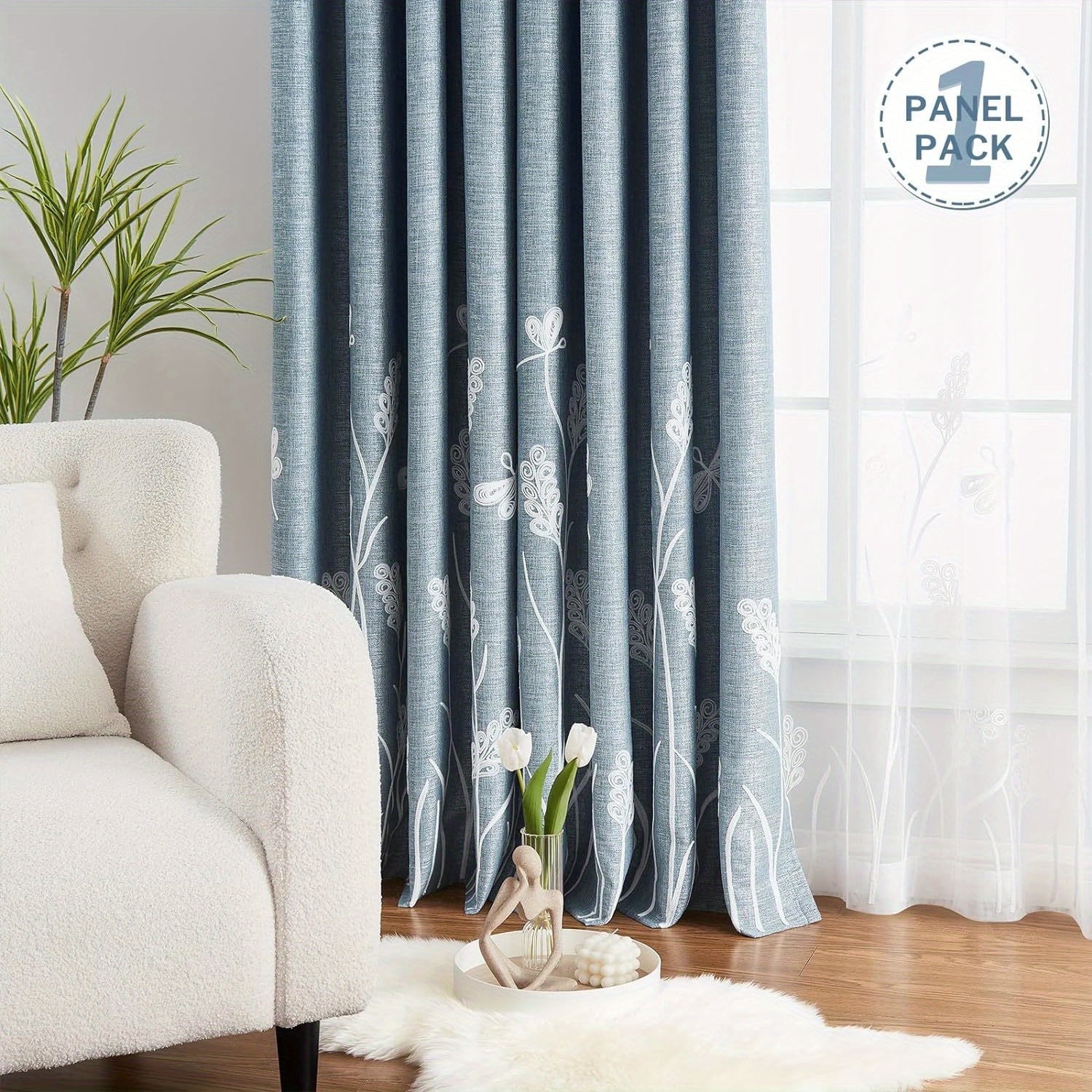 1pc Embroidery Faux Linen Blackout Wide Curtains Grommet Drape for Bedroom, Living Room Patio Door