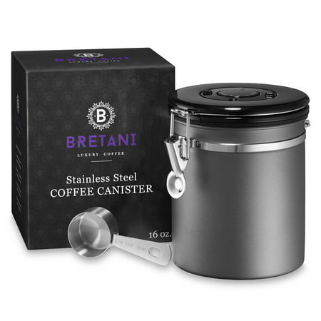 Bretani 16 oz. Stainless Steel Coffee Canister & Scoop Set - Medium Airtight Kitchen Storage Container for Storing Beans & (Best Airtight Coffee Canister)