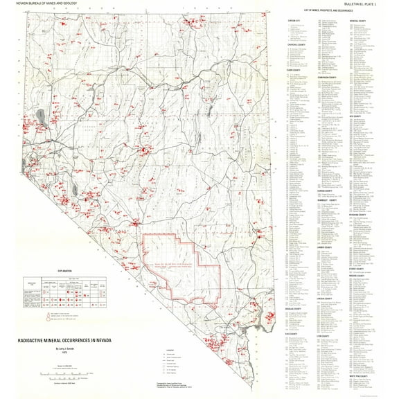 Historic Mine Map - Radioactive Minerals Nevada Mines - Garside 1973 - 23 x 24.76 - Vintage Wall Art