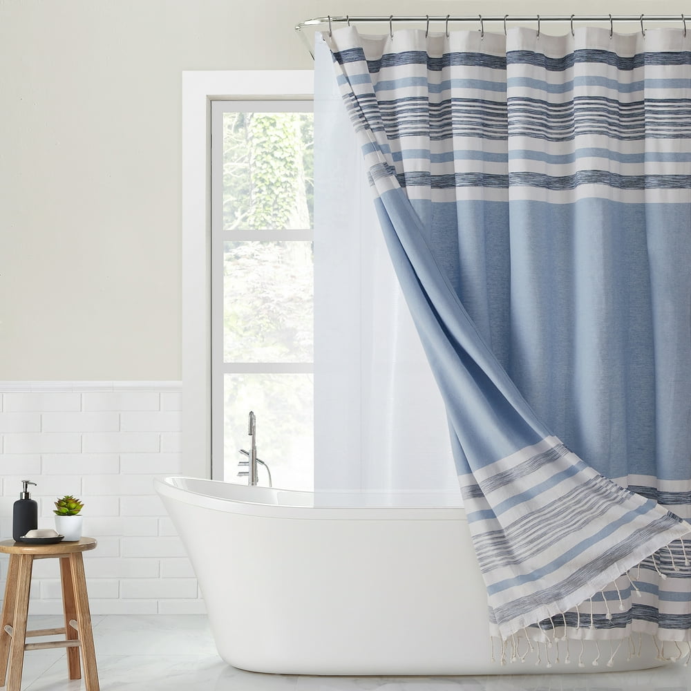 Better Homes & Gardens Spacedyed Stripe Cotton Shower Curtain and PEVA
