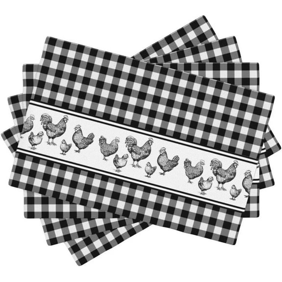 Chicken Placemats, Rustic Vintage Country Rooster Black Buffalo Plaid Table Mats for Dining Kitchen Party Holiday Decor, 12x18 Inch, 4PCS