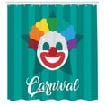 thumbnail image 3 of Carnival Shower Curtain, Cursive Typography with Cartoon Happy Clown Face on Striped Background, Fabric Bathroom Set with Hooks, 69"WX70"L, Teal and Multicolor, by Ambesonne, 3 of 3