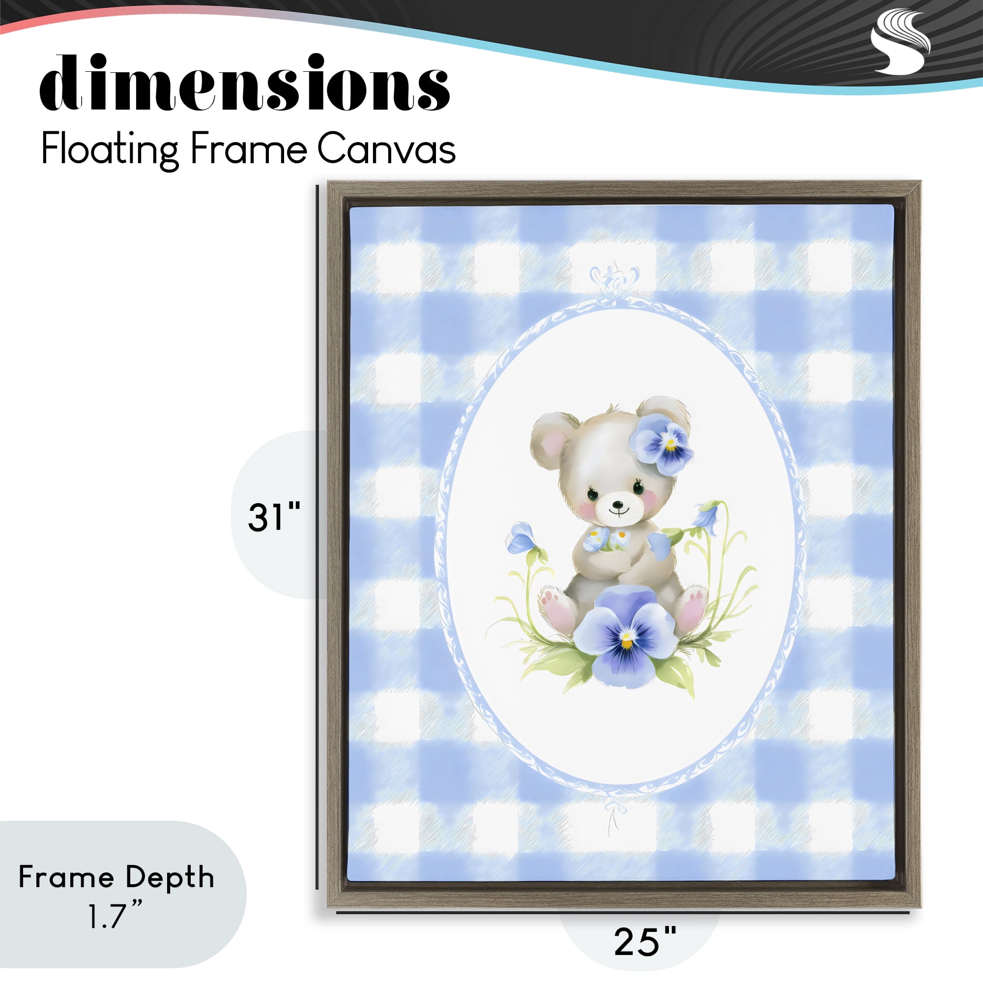Stupell Industries Little Bear Blue Gingham Brown Framed Floater Canvas Wall Art, design by Arlington Prints