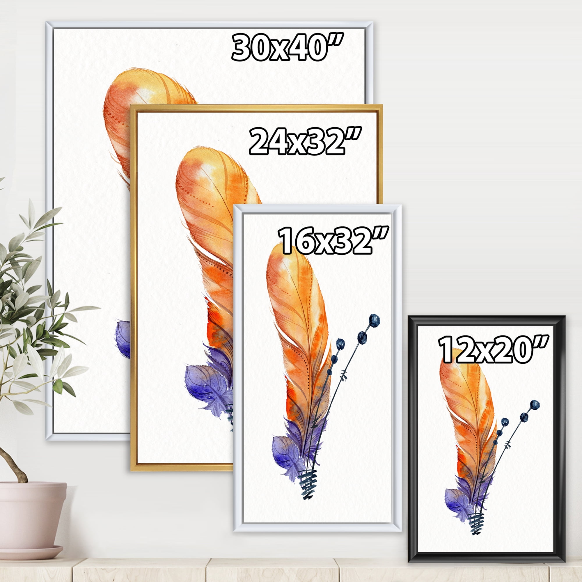 Ethnic Orange Animal Feather Composition 16 in x 32 in Framed Painting Canvas Art Print, by Designart