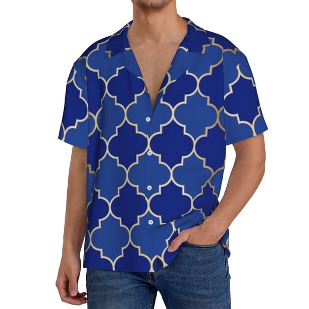 Balery Blue Gold Grid Lantern Shapes Camisa Casual de Manga Corta con Botones para Hombre, Texturizada, Estilo Cubano, para Playa, Verano-Large