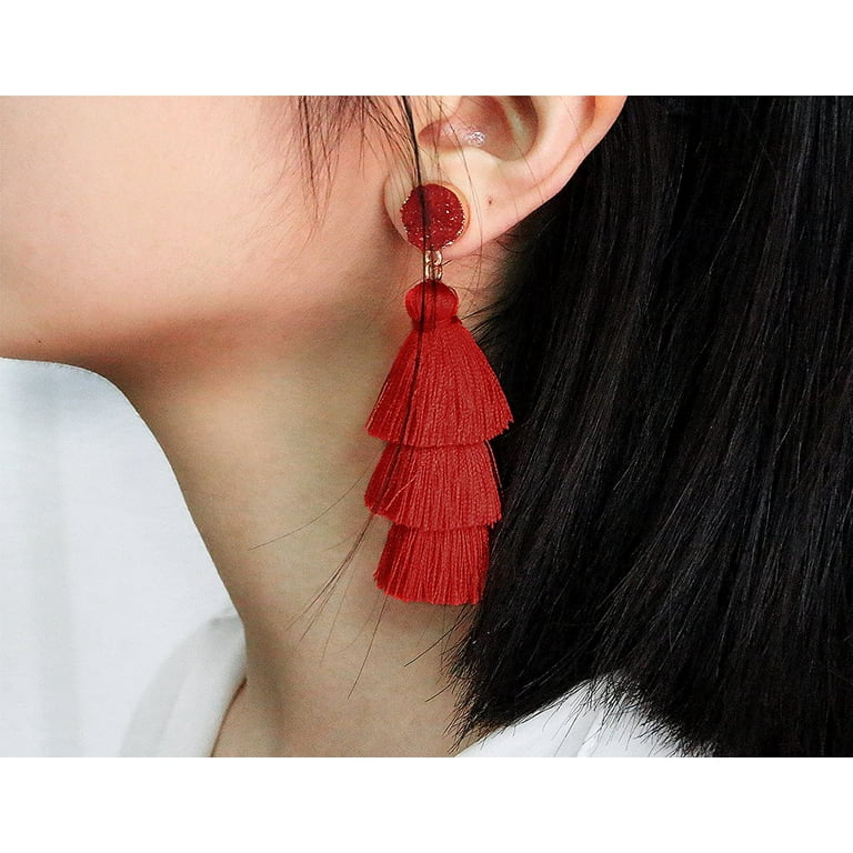 Red Tassel Earrings for Women  Colorful Layered Tassle 3 Tier