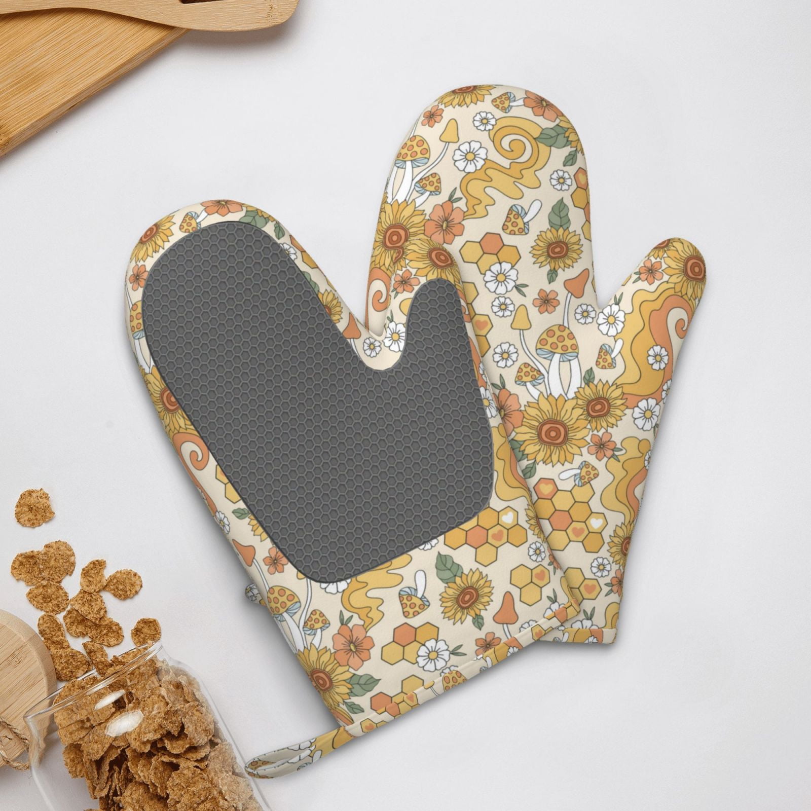 Hirioo Retro 70s 60s Flower for Silicone Oven Mitts for BBQ, Baking, Cooking, Set of 2, Heat Resistant 260℃, Non-Slip Kitchen Essentials