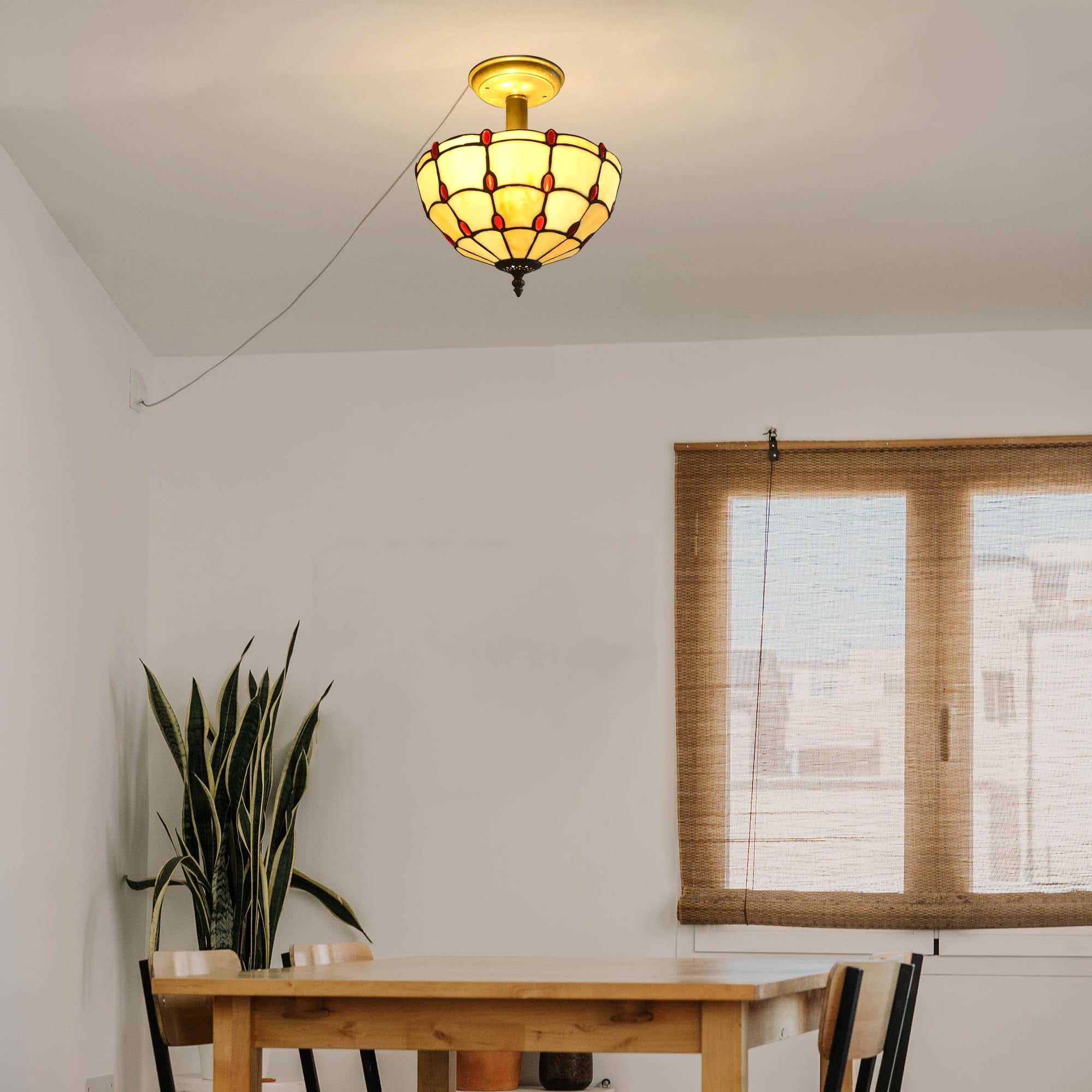 Kiven 11.8in Plug-in Flush Mount Ceiling Light Fixture, 2-Light Anti Glare Close to Ceiling Light with 15FT Cord, Tiffany-Style Glass Chandelier Dimmable for Bedroom Kitchen Hallway(No.3185)
