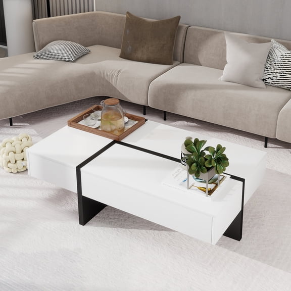 Contemporary Rectangle Design Living Room Furniture, Modern High Gloss Surface Cocktail Table, Center Table for Sofa or Upholstered Chairs, 45.2*25.5*13.7in