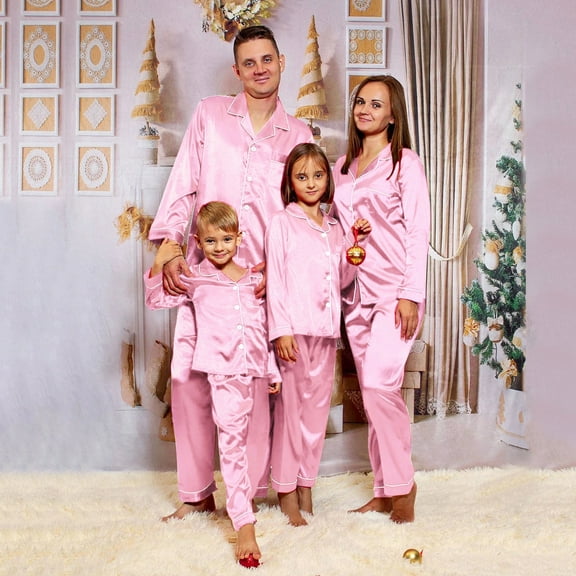 MRULIC Solid Set For Men Nightwear Satin Pajamas Sleepwear Pants Matching Family PJ's Loungewear Silk Pink L