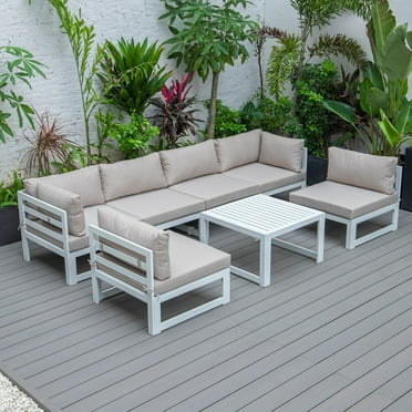 LeisureMod Chelsea 7-Piece Outdoor Patio Conversation Set in White Aluminum with Coffee Table & Cushions In Orange