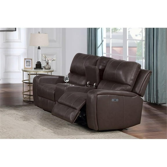 Pemberly Row Modern Leather Console Loveseat w/Power Footrest in Brown