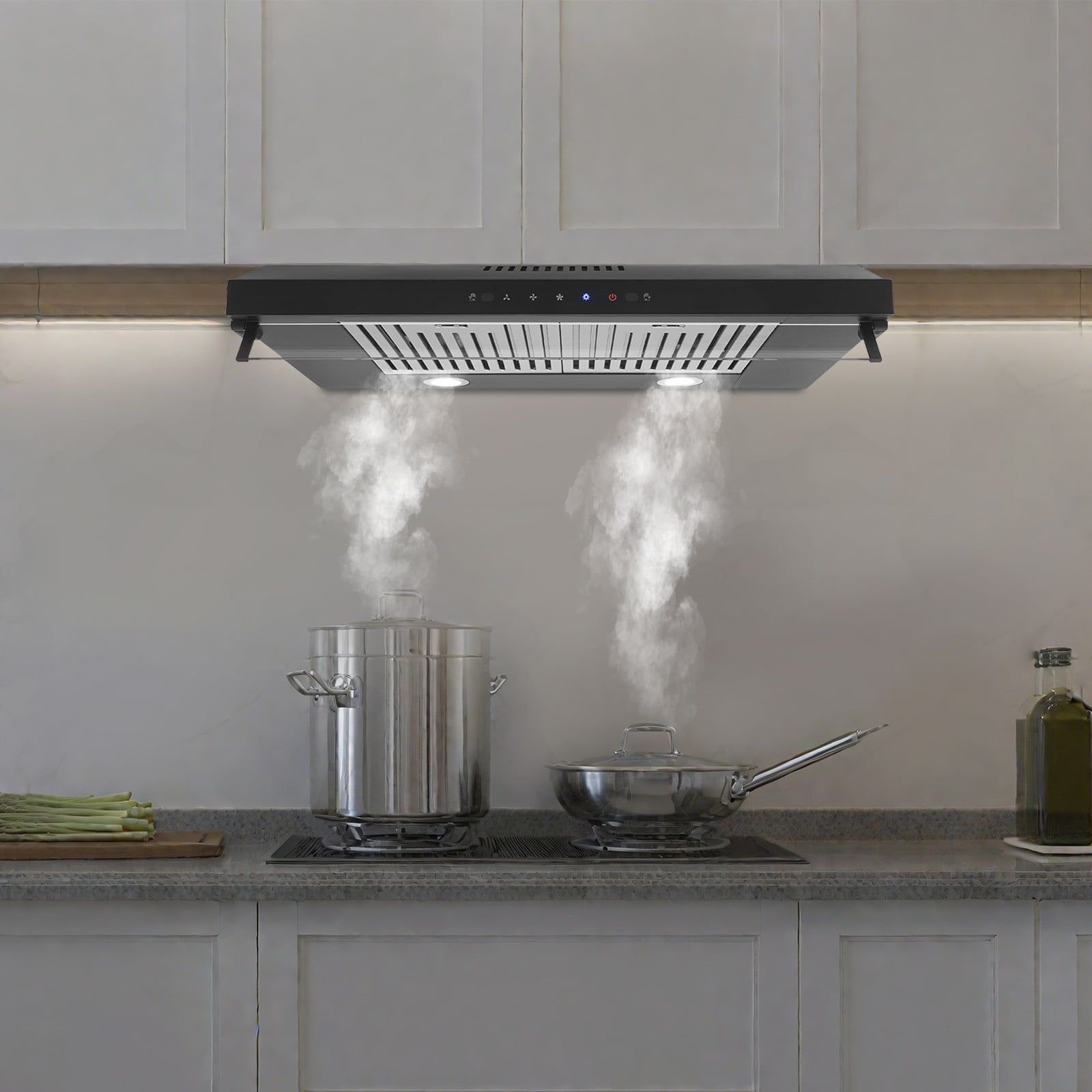 30" Modern Rectangular Black Under Cabinet Range Hood 900 CFM, Dual Motor Stainless Steel Kitchen Vent