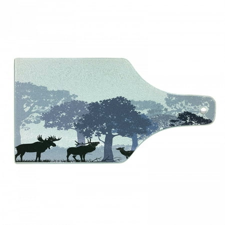 

Moose Cutting Board Forest Design Abstract Woods North American Wild Animals Deer Hare Elk Trees Tempered Glass Cutting and Serving Board Wine Bottle Shape Black White Grey by Ambesonne