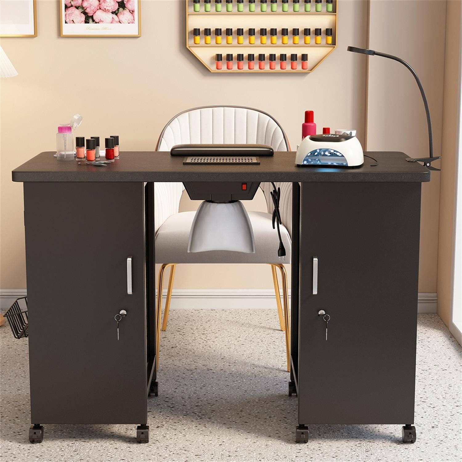 Kadyn 42" Manicure Table Nail Desk, Beauty Spa Salon Workstation w/ Wrist Rest, Lockable Cabinets,LED Lamp,Electric Downdraft Vent, 2 Cabinets,Black