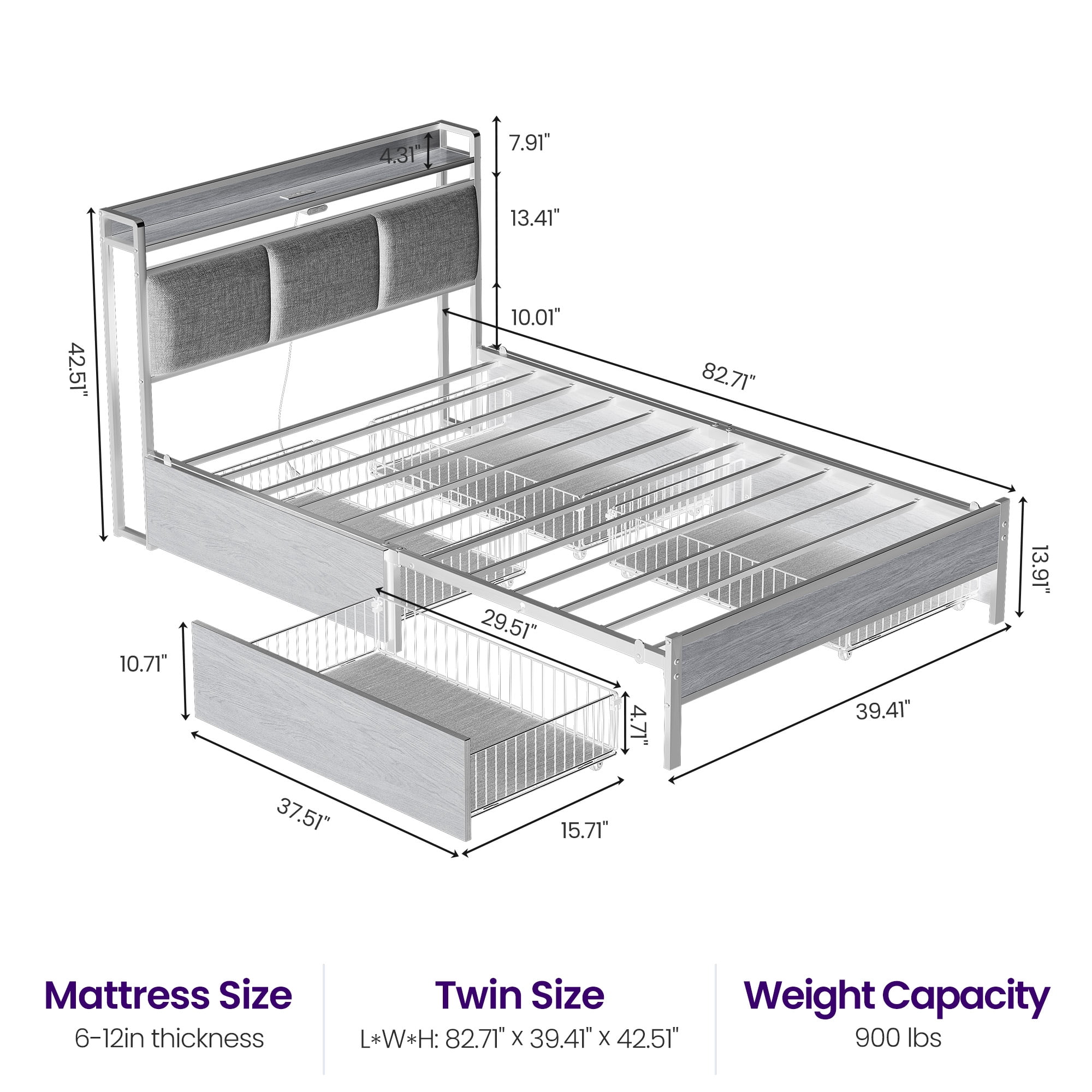 Greenstell Twin Size Bed Frame with Storage Headboard, LED Lights, Charging Station, 4 Drawers, Heavy-Duty Metal Platform Bed with USB & Type-C Ports,Black
