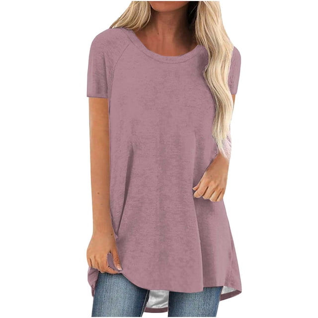 CFLVAEK Women Loose Fit Tunic Shirts Casual Raglan Blouses Basic Solid Tees Flowy Crewneck Short Sleeve Tunics Lightweight Swing Tops Watermelon Red S