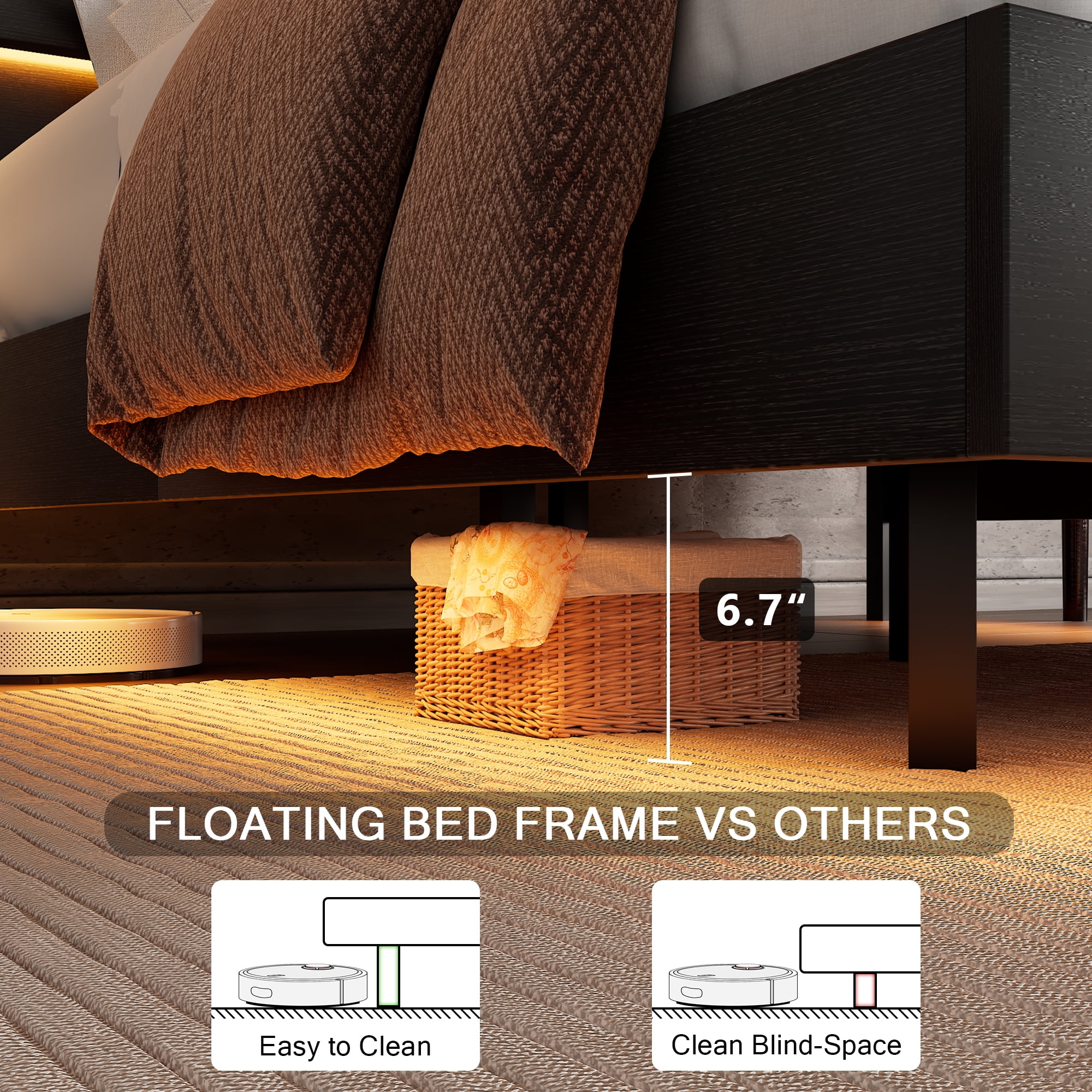 Einhomn Floating Bed Frame Queen Size with Storage Headboard, LED Lights and Charging Station, No Box Spring Needed