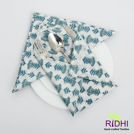 

Aquamarine Blue Turquoise Indian Floral Hand Block Printed 100% Pure Cotton Cloth Napkins 9x9 - Cocktail Napkins 20x20 - Dinner Napkins