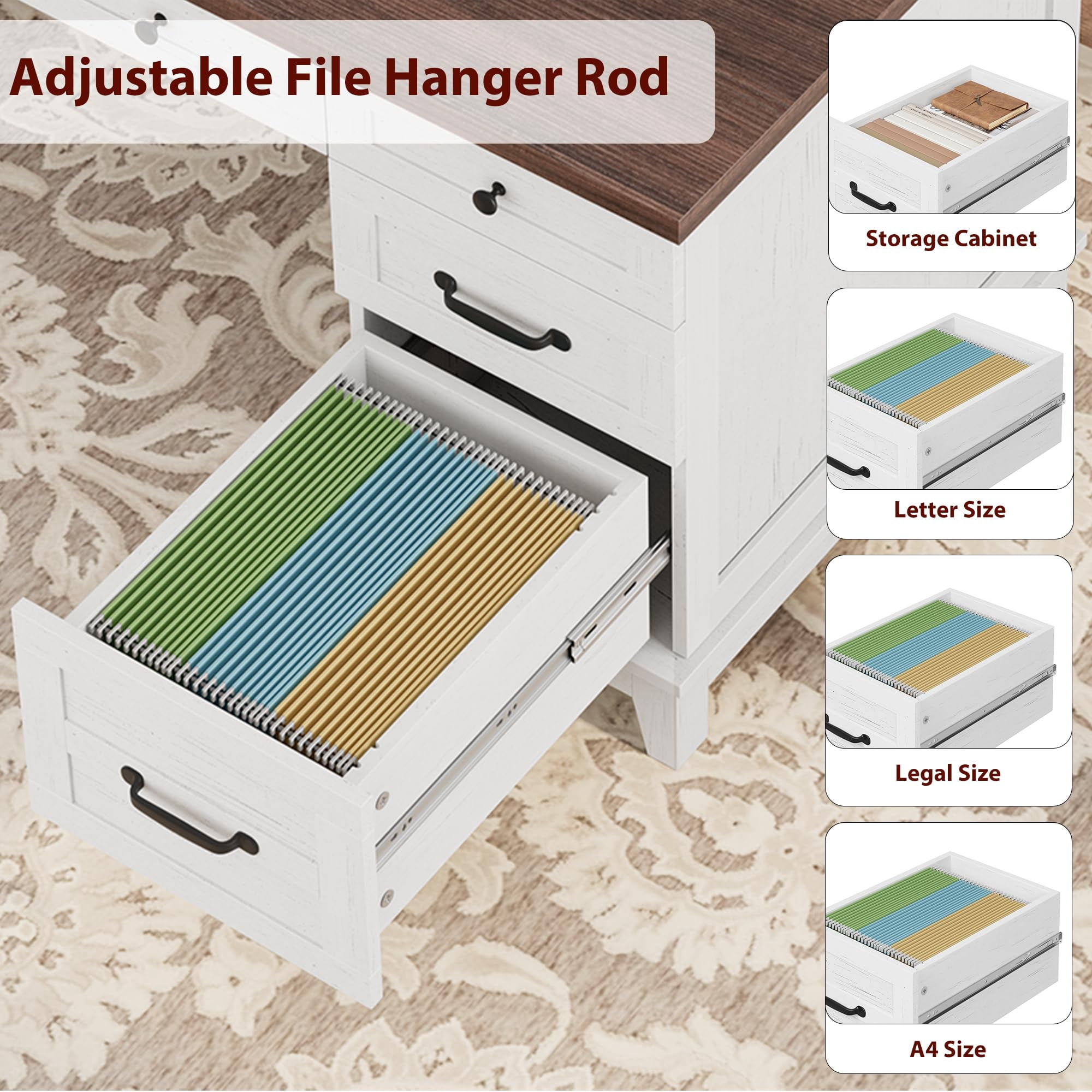 Garvee 53.5" Farmhouse Office Desk with Charging Station - Wooden Executive Computer Desk with File Drawer & USB Ports - Large Home Office Workspace-Brown&White