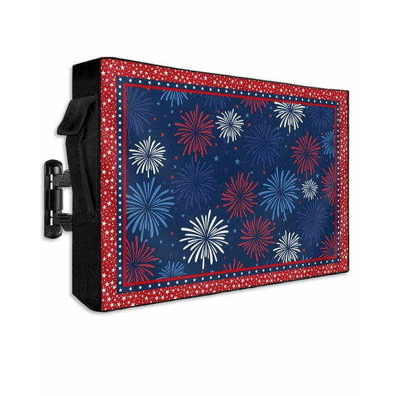 Independence Day Outdoor TV Cover 52 to 55 Inch Weatherproof, Red Blue Fireworks Stars Flag Day 600D Oxford TV Covers with Waterproof Zipper, Outside Flat TV Screen Protector Size 52"W x 19"H x 4.5"D