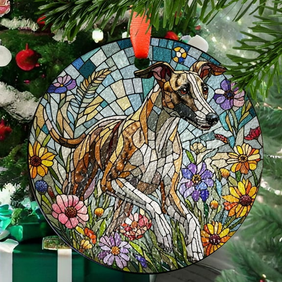Whippet dog among wildflowers GLASS Suncatcher Hanging, whippet dog suncatcher hanging, dog mom gift, whippet dog lover, Stained Glass Ornament 2025, Holiday Decoration, Seasonal