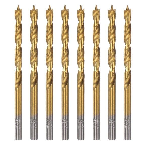 8pcs Brad Point Drill Bits 4mm(5/32") Dia HSS4241 Straight Round Shank Metric Brad Point Spiral Twist Drill Bits for Carpenter Woodworking Plastic Rubber, Golden
