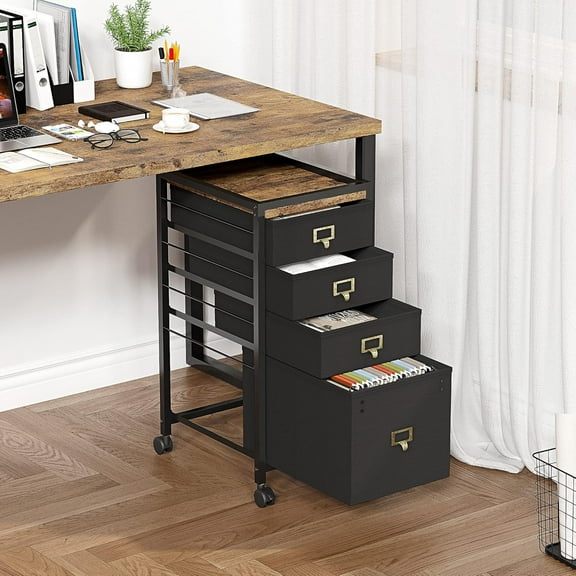 Mobile File Cabinet with Drawers & Wheels, Fabric Vertical File Cabinet with Open Storage Shelves