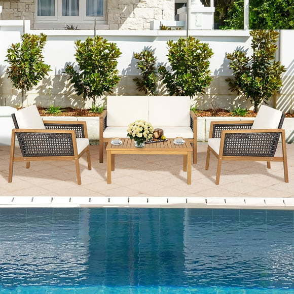 Costway 4PCS Patio Rattan Furniture Set Acacia Wood Cushioned Sofa Off White