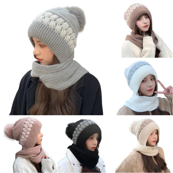 XIAOCHA Women's All‑In‑One Hooded Beanie Solid Outdoor Commute Knit Scarf Fall Winter Head‑Wrap,Grey