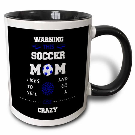 3dRose Warning this soccer mom likes to go crazy blue and black, Two Tone Black Mug, 11oz