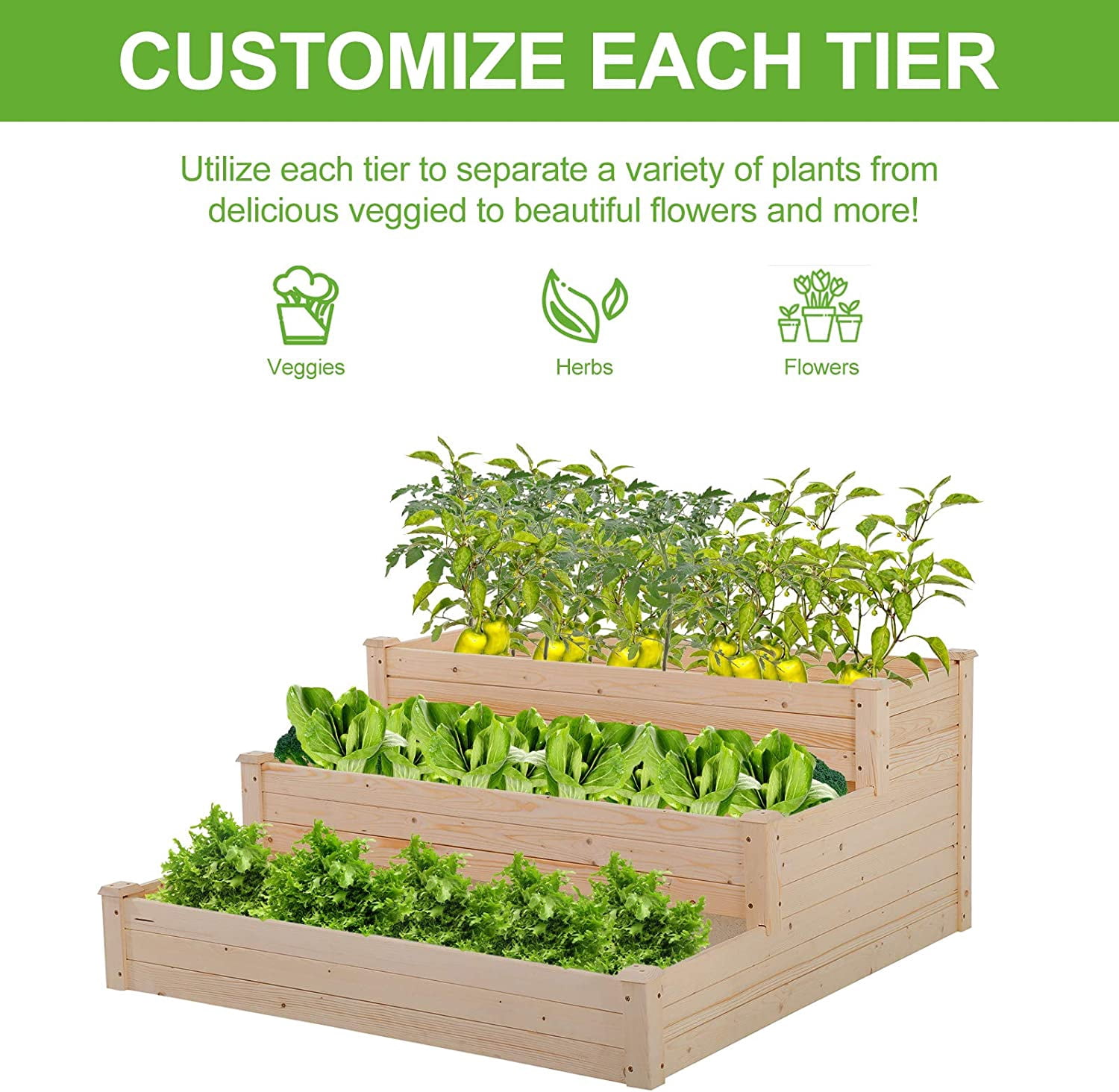 3-Tier Raise Garden Bed, Elevated Garden Bed Kit Wooden Planter Box 48x48x22 inch Elevated Planter Box for Plants Herbs Vegetables, Natural