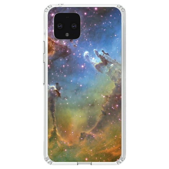 DistinctInk Clear Shockproof Hybrid Case for Google Pixel 4 (5.7" Screen) - TPU Bumper, Acrylic Back, Tempered Glass Screen Protector - Eagle Nebula Orange Blue - Show Your Love of Astronomy