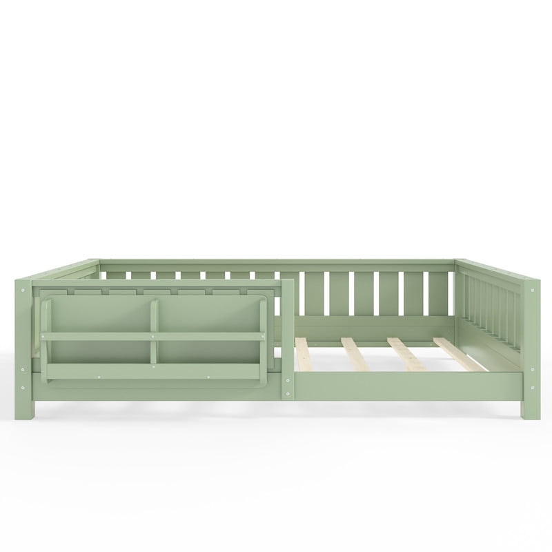 URTR Full Size Montessori Floor Bed with Storage Bookshelf and High-Quality Safety Guardrail, Wooden Full Floor Bed Frame, Wooden Platform Bed, Low Profile Full Bed with Fence and Headboard, Green