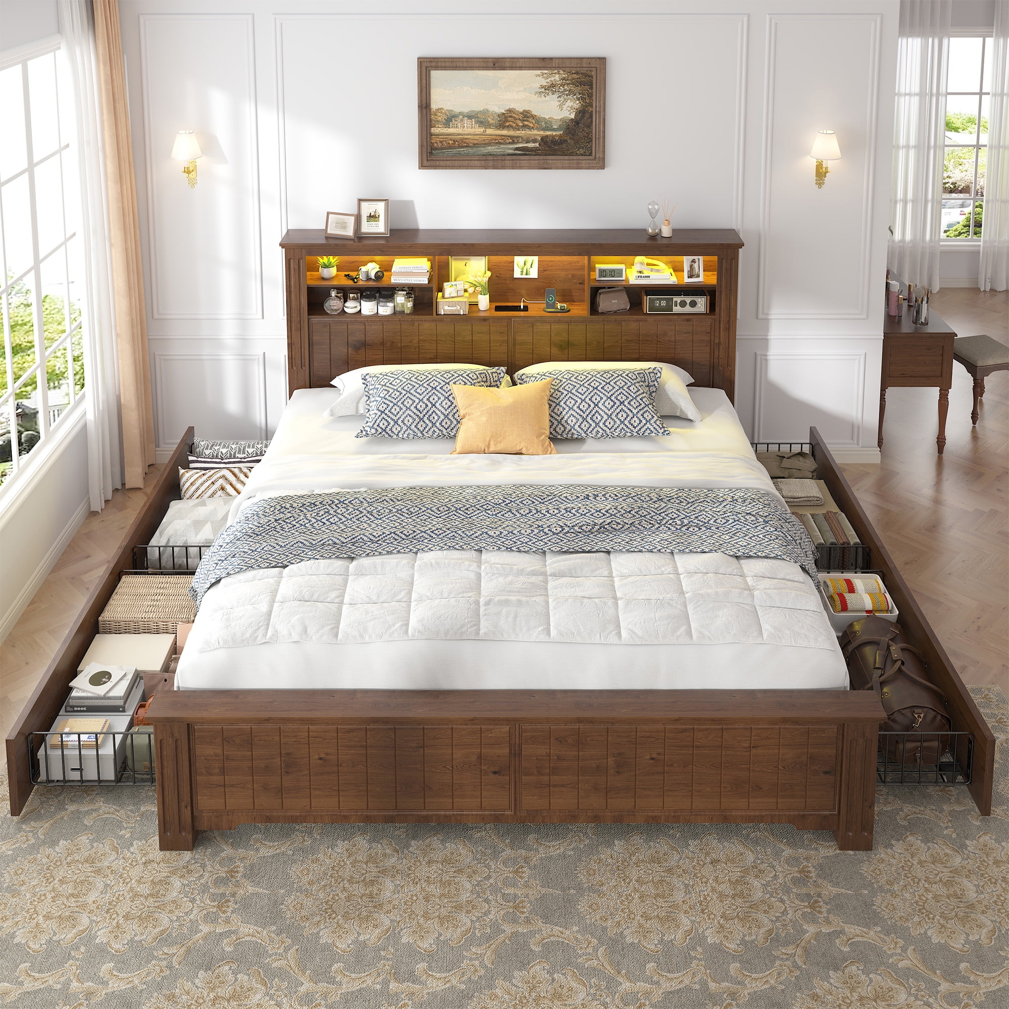EnHomee King Size Bed Frame with 4 Storage Drawers Platform Bed Frame metal with Headboard and Storage Framhouse Bed Frame with LED Lights & Charge Station, Brown