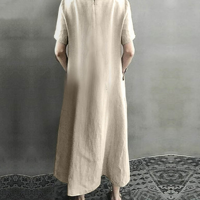 BLVB Womens Spring Summer Cotton Linen Dresses V Neck Short