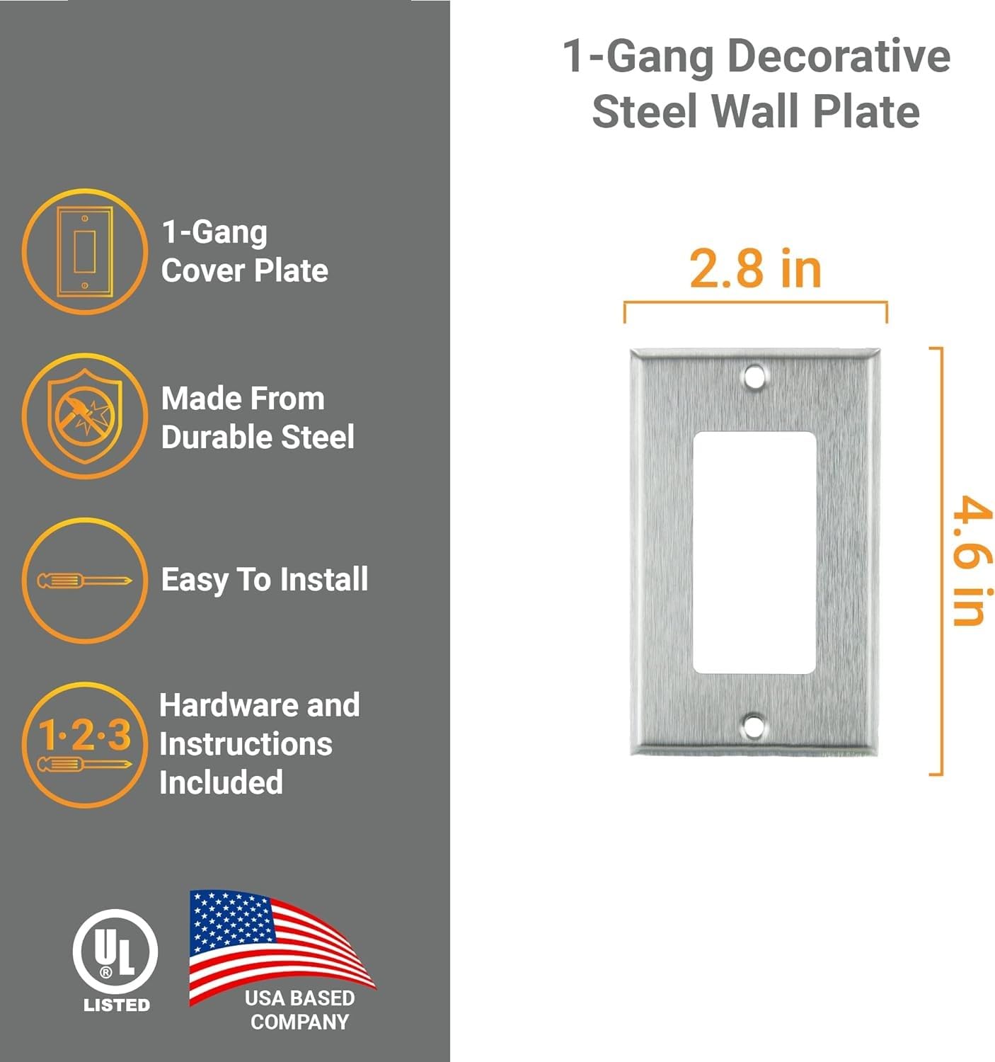 Diodesy- Pack of 12 E301S 1 Gang Decorator Rocker Wall Plate with Matching Metal Screws, Single Light Switch and Receptacle Outlet Cover, Steel Gloss Finish, Unbreakable Round Edge Steel, UL Listed