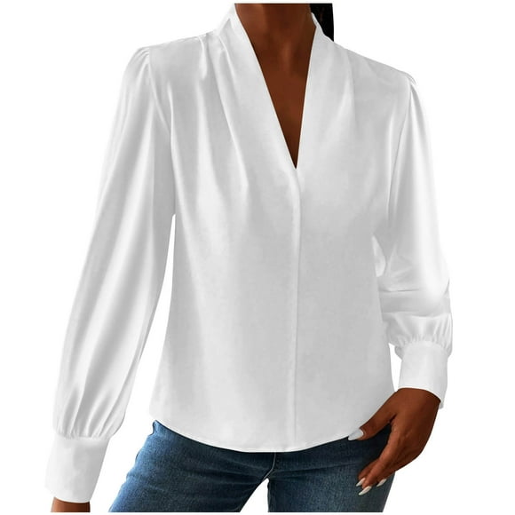 JGGSPWM Long Sleeve Blouses for Women, Solid Color Chiffon Soft Satin Silk Tops V Neck Loose Business Shirts Casual Work Tunic White S