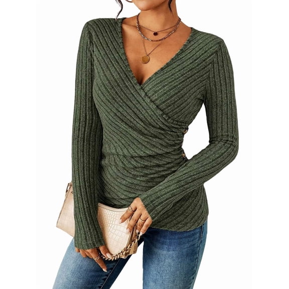 Women'S Long Sleeve Shirt V Neck Ribbed Knit Slim Button Sweater Autumn Casual Work Tops  Green S