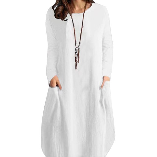 Vestido de manga larga con bolsillo, color puro, cuello redondo, cómodo vestido casual para mujer