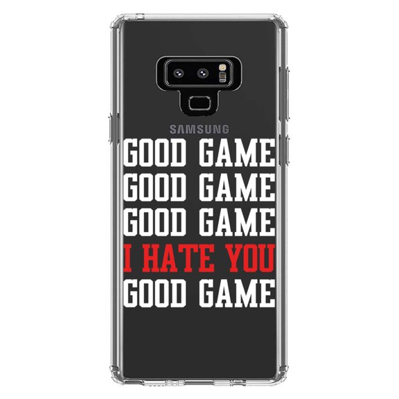 DistinctInk Clear Shockproof Hybrid Case for Samsung Galaxy Note 9 - TPU Bumper Acrylic Back Tempered Glass Screen Protector - Good Game I Hate You Good Game