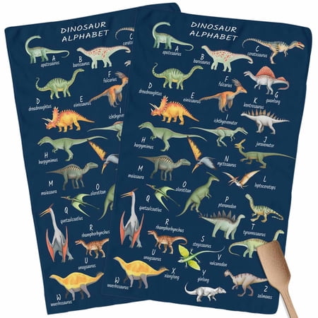 Kitchen Towels Set of 2 Dinosaur Family Dish Towels and Dishcloths Sets Tea Towel Learning Alphabet A to Z Name Blue Absorbent Hand Towels for Kitchen Bathroom Drying Cleaning Baking Home Decor