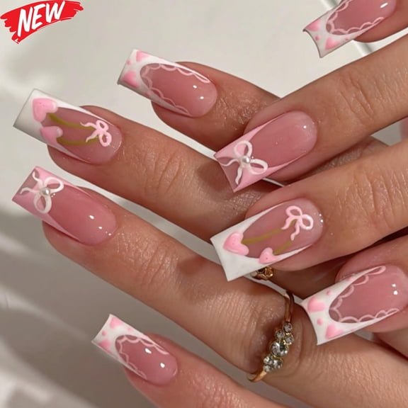 24Pcs Medium Long Square Press On Nails for Women, Nude Pink Fake Nails with White French Tip 3D Bow Heart Lace Decor, Reusable Glue‑On False Nail Tips for Sweet Girl Daily Date Valentine Manicure