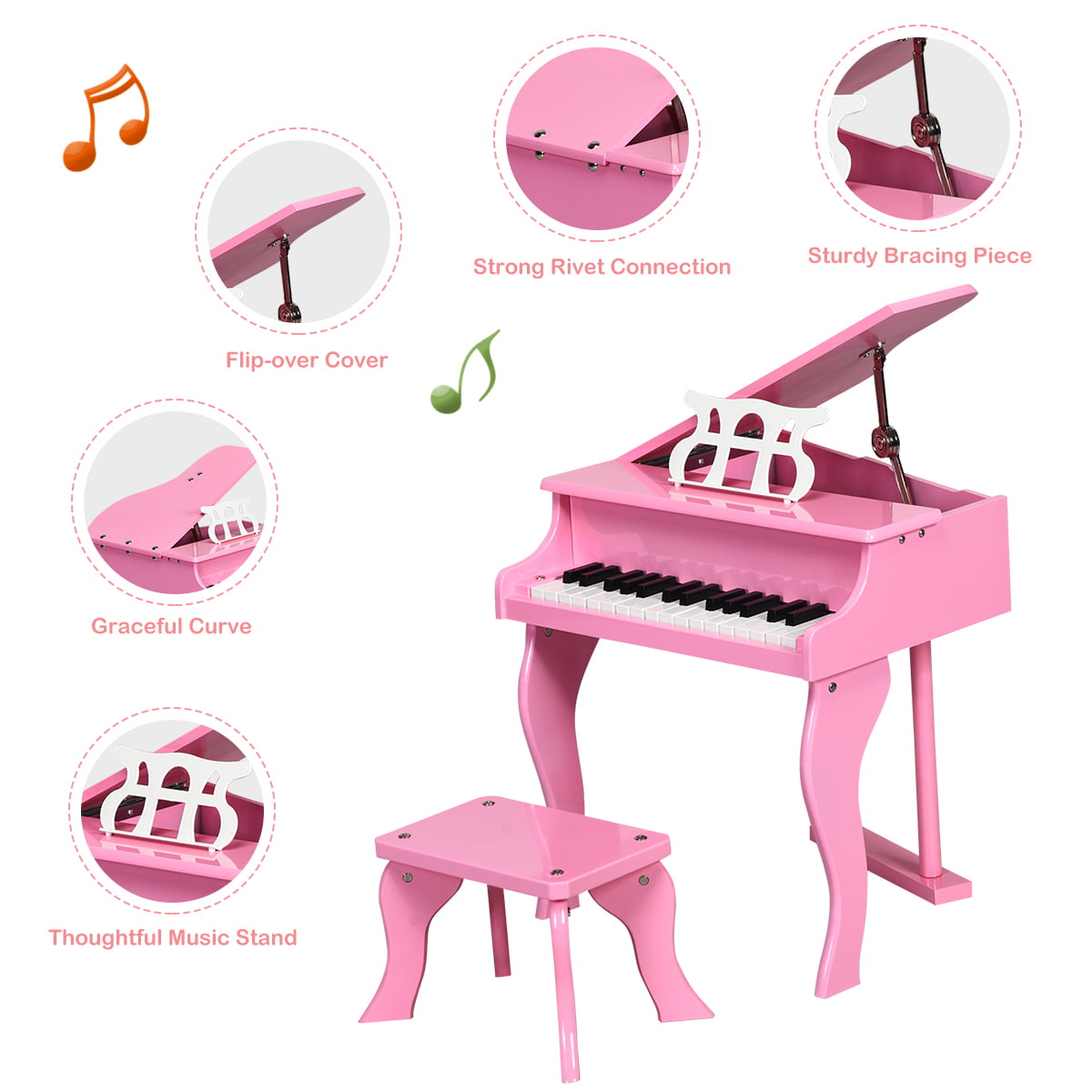 COSTWAY Classic Wooden Kids Piano Curved Legs Learn-to-Play Musical Instrument Toy with Music Rack Black 30-Key Mini Baby Grand Piano with Bench Black/Pink for Boys and Girls Piano Lid 