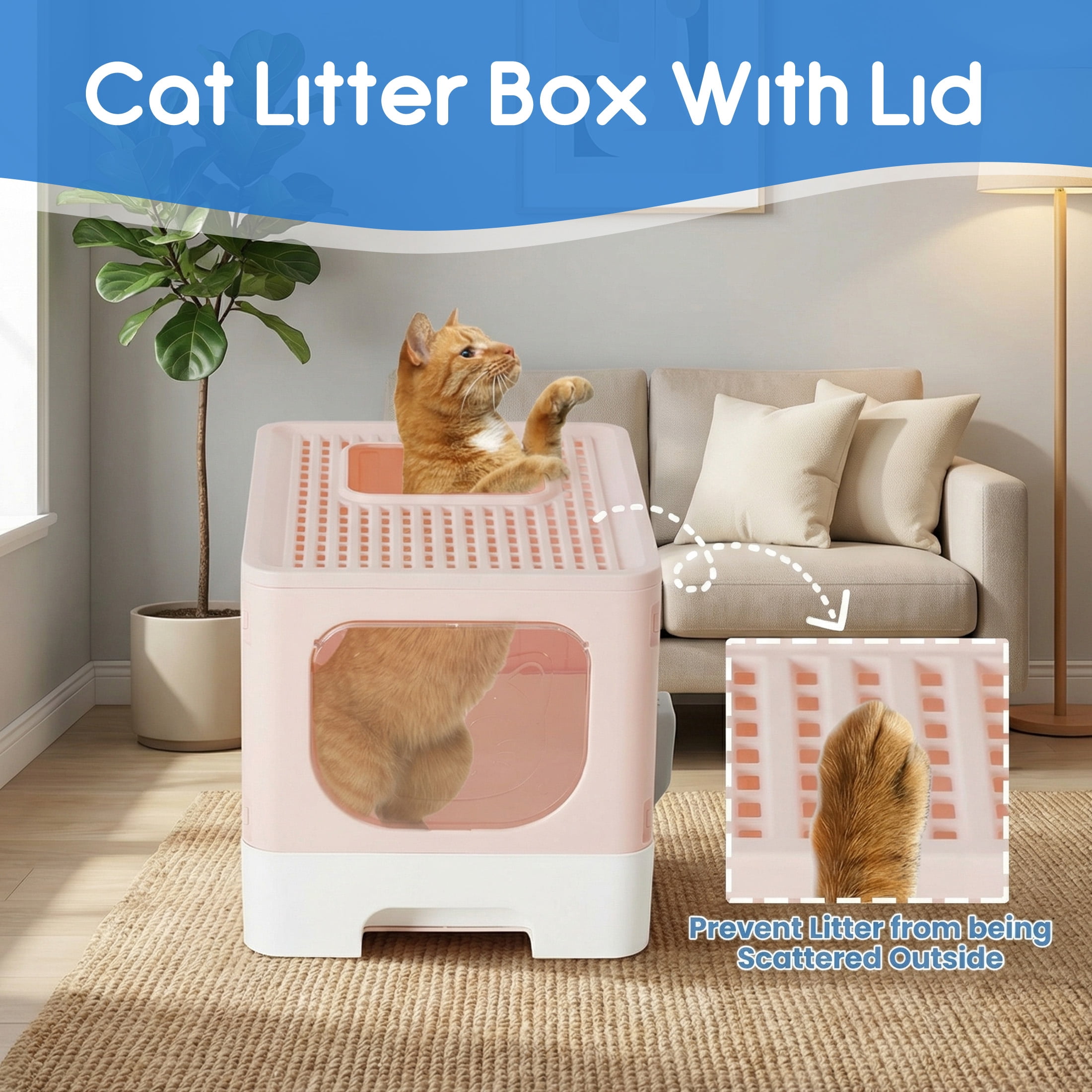 EDX Large Foldable Cat Litter Box with Lid, Enclosed Anti-Splashing Cat Box with Litter Scoop, Front Entry Top Exit Kitty Litter Box with Door, Drawer Design, Easy Cleaning & Odor Control, Pink